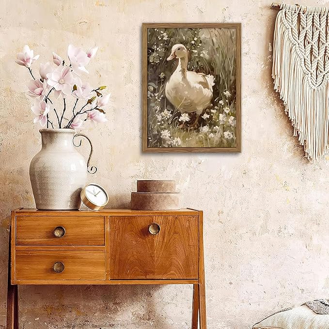 Framed Goose Wall Art, Rustic Vintage Floral Animal Oil Painting, Retro Farmhouse Country Pictures Artwork, Cottagecore Canvas Prints Wall Decor for Living Room Bedroom Farm – 8x10 inch