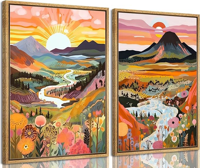 2Pcs Framed Boho Colorful Mountain Canvas Wall Art Abstract Sunrise and sunset Landscape Flower Wall Decor Watercolor Nature Forest Poster Print Artwork for Living Room Bedroom Office Home Decoration