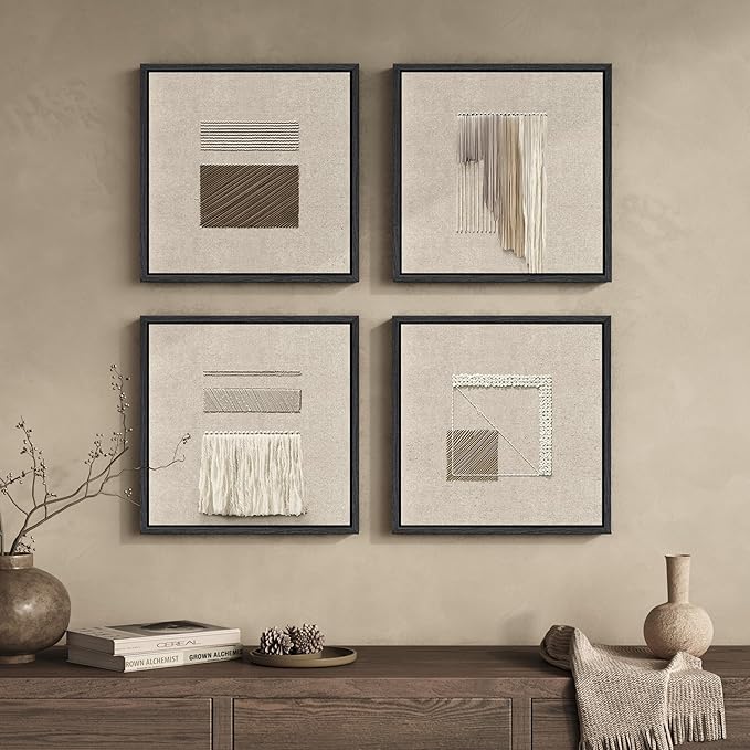 Framed Abstract Geometric Wall Art Decor, 4 Piece Modern Minimalist Neutral 2D Canvas Wall Art Prints, Contemporary Beige Square Artwork for Walls Living Room Dining Room Bedroom Hallways, 12x12