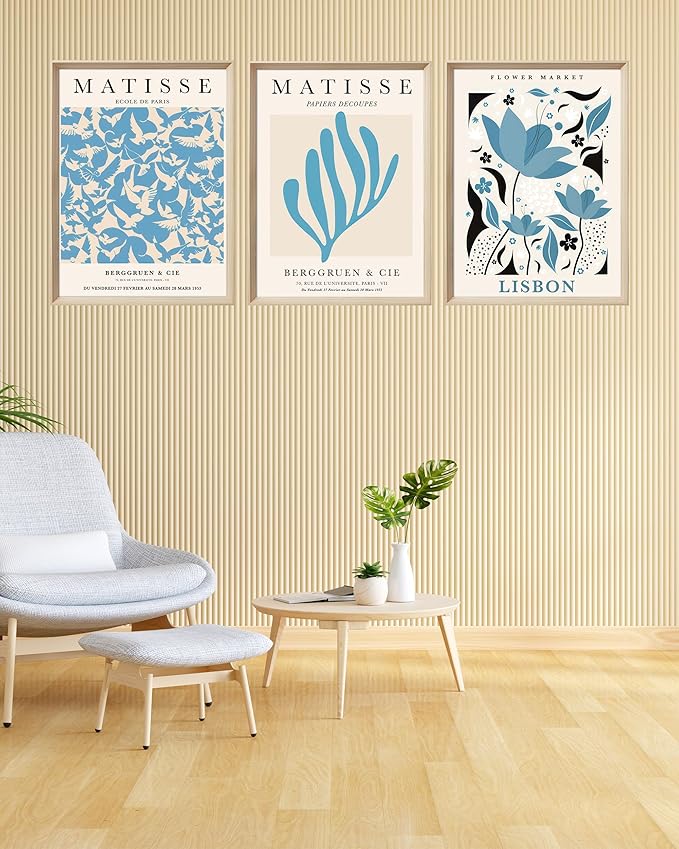 KensTro Framed Wall Art,Matisse Wood Canvas Blue Wall Art,12"x16" Cotton Pattern Vintage Poster Wall Decor Aesthetic for Living Room Bedroom,12x16in Henri Matisse Minimalist Wood Frame Prints,Set of 3