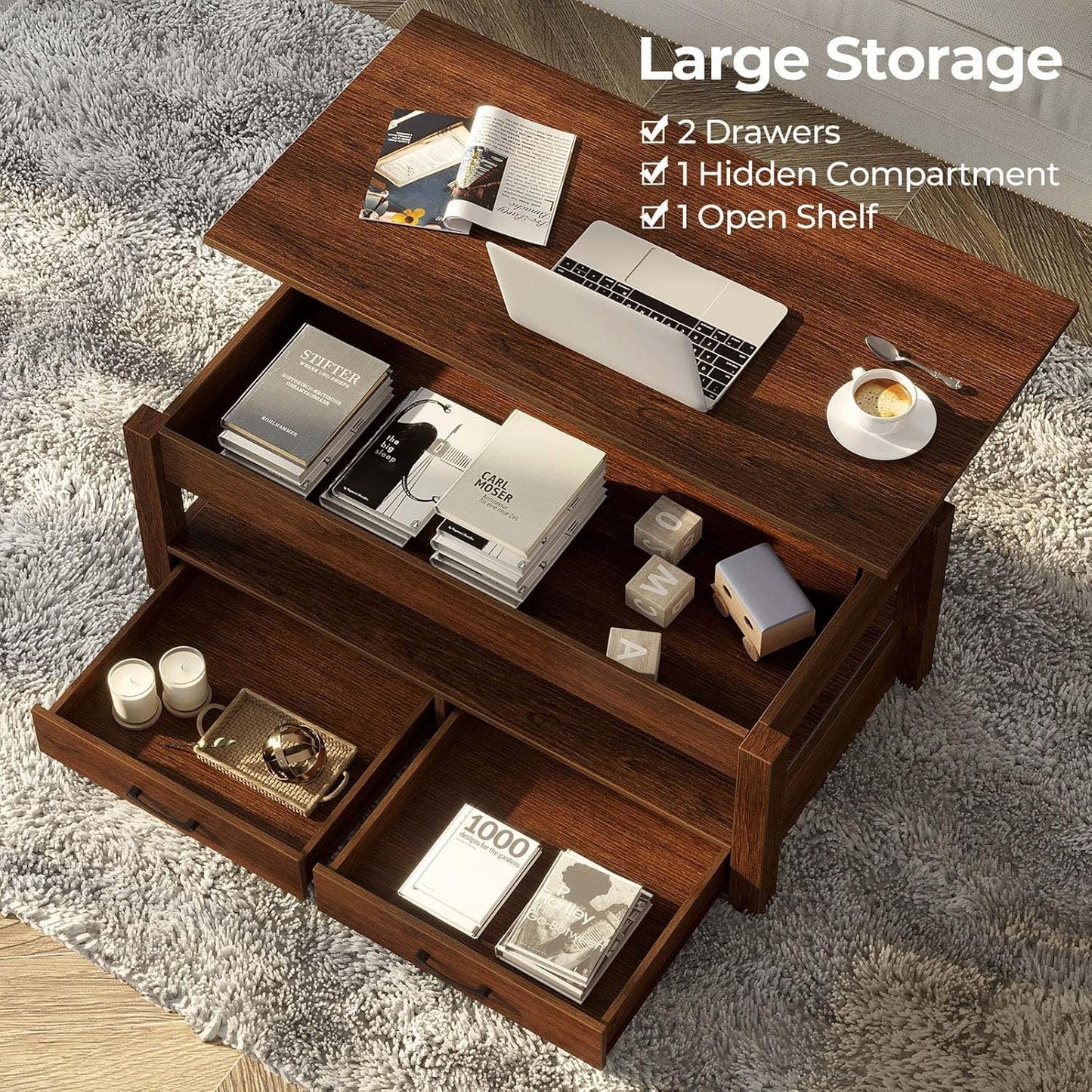 Rolanstar Coffee Table, 47.2" Lift Top Coffee Table with Drawers and Hidden Compartment, Retro Central Table with Wooden Lift Tabletop, for Living Room,Espresso