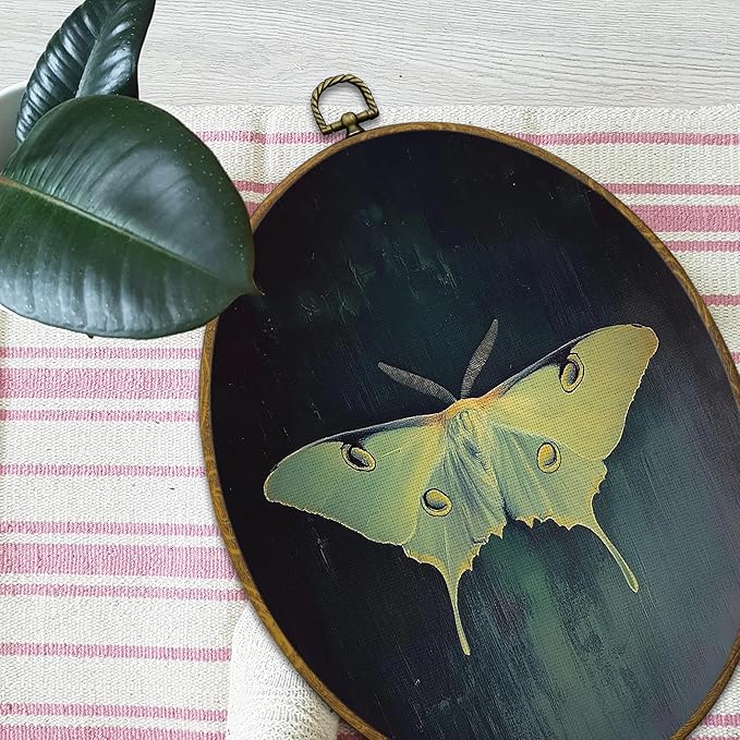 Mcehtle Vintage Butterfly Wall Art Decor, Dark Moody Cottagecore Moth Oval Framed Canvas Prints 8.6x11.4, Neutral Insect Farmhouse Wall Hanging Artwork Decorations for Home Bedroom Living Room