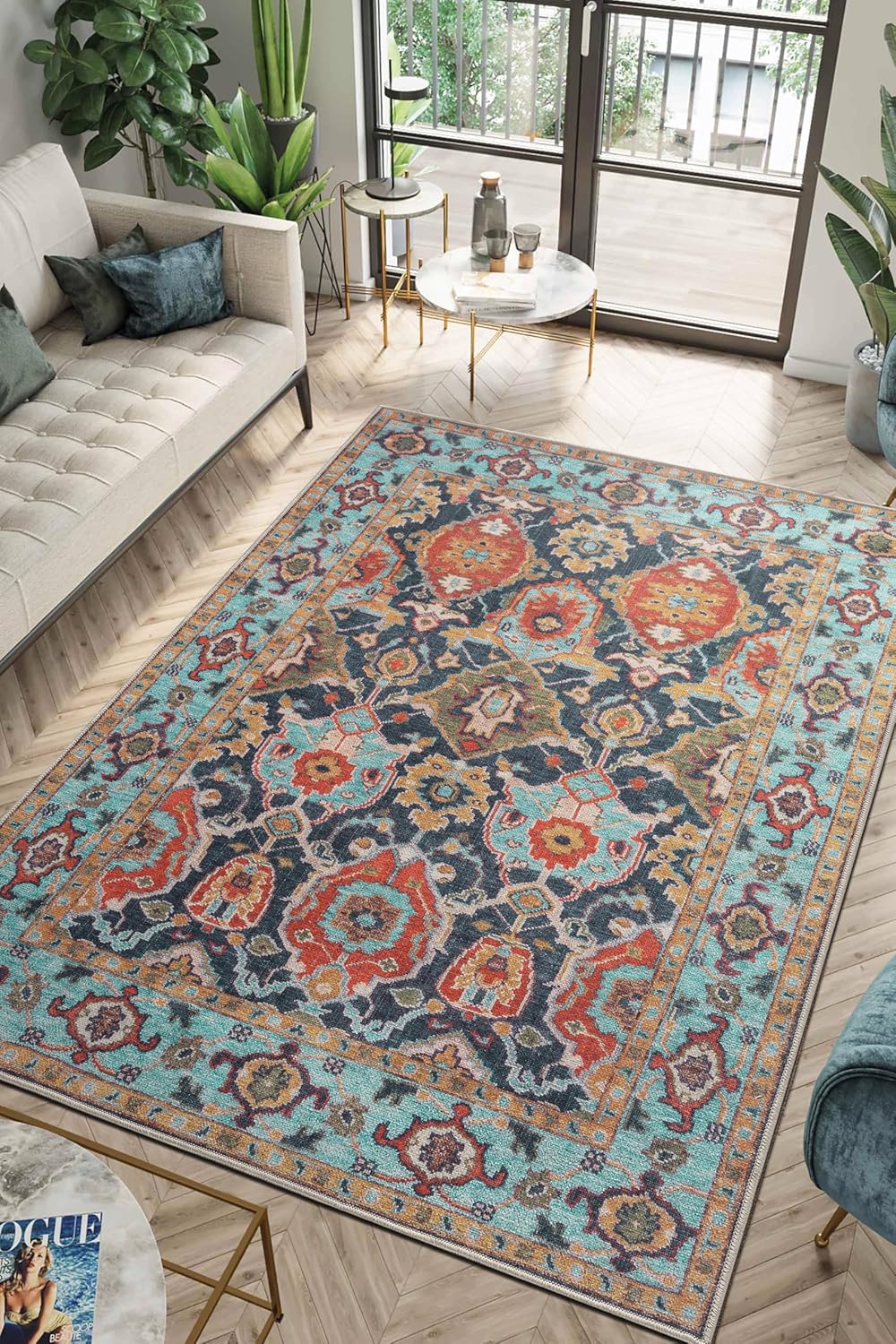 Keen Home Design 6x9 Rug - Machine Washable Area Rug with Non-Slip Backing, Ideal for Living Room, Dining Room, Bedroom - Vintage, Easy Clean, Durable, Low Pile Rug - (6' x 9')