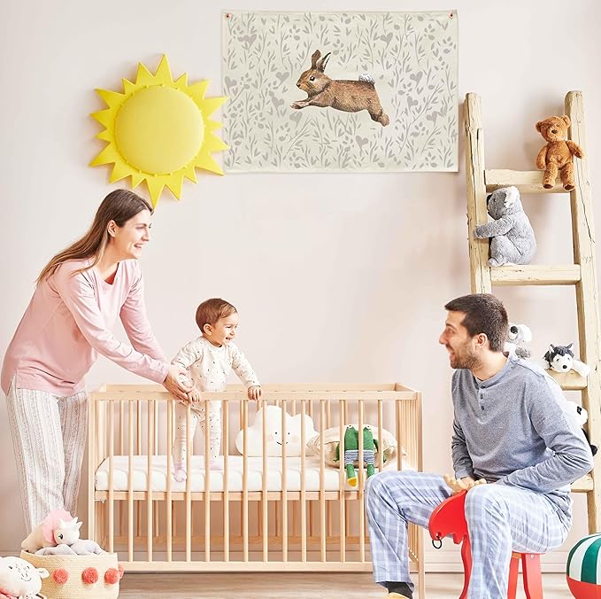 Nursery Rabbit Rectangular Canvas Banner Wall Decor for Nursery Bedroom Playroom Decor-Cute Bunny Rabbit Poster Flag Sign Art for Baby Boy Girl Kids,Baby Shower Birthday Easter Christmas Gift