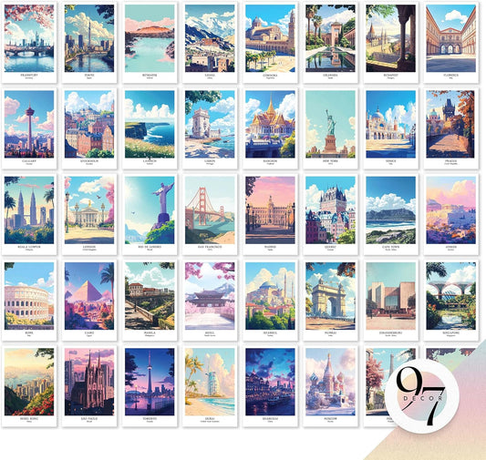 97 Decor Vintage Travel Posters Wall Art - Retro Travel Decor For Home, Travel Art Prints For Wall Decor, Around World Travel Collage Destination Pictures Famous City Artwork For Classroom (4x6)