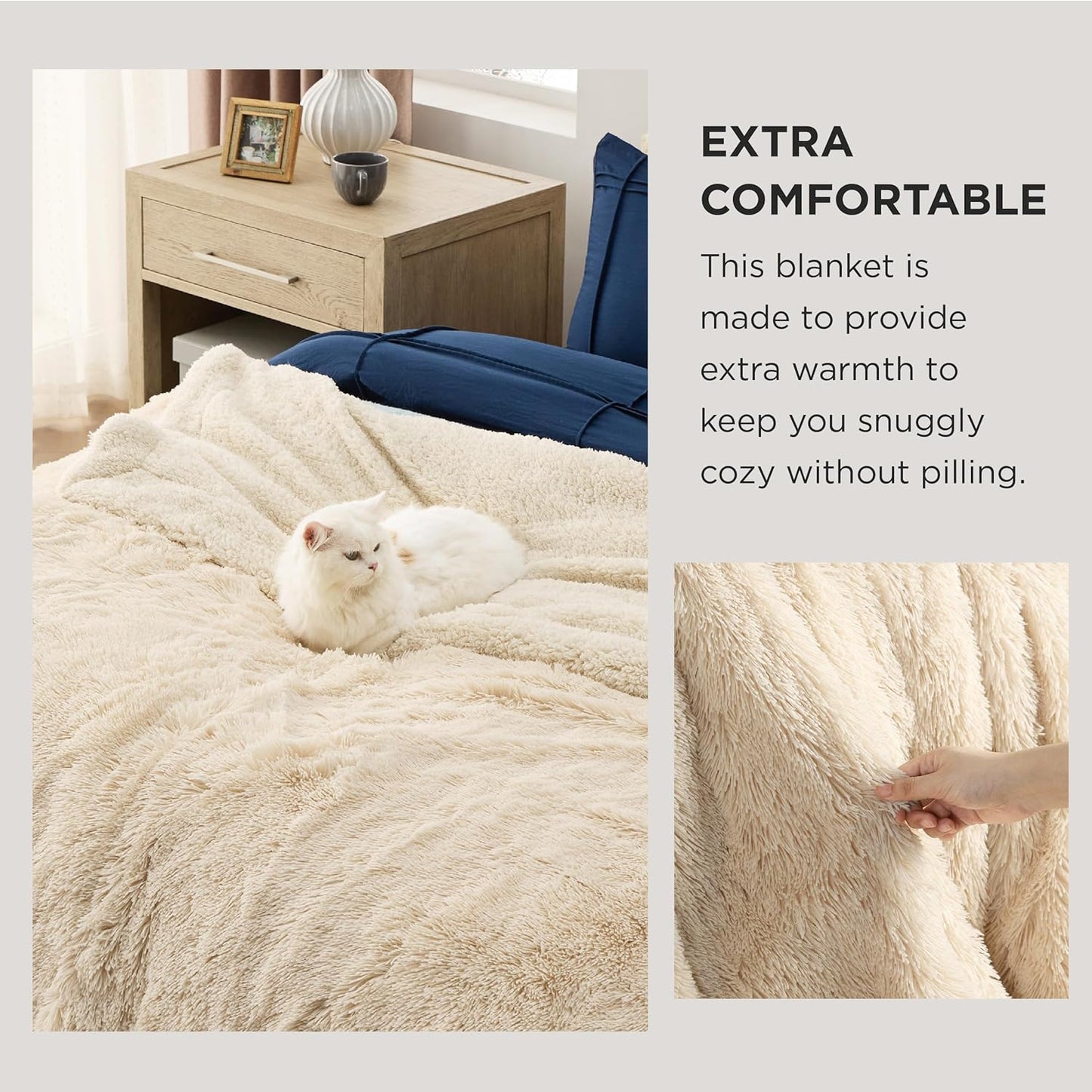 Bedsure GentleSoft Fluffy Beige Blankets Queen Size for Bed, Thick Sherpa Faux Fur Fleece Fuzzy Plush Winter Warm Heavy Soft Queen Blankets, Bedroom Decor Beige Gifts Cozy Gifts for Women Men, 90x90