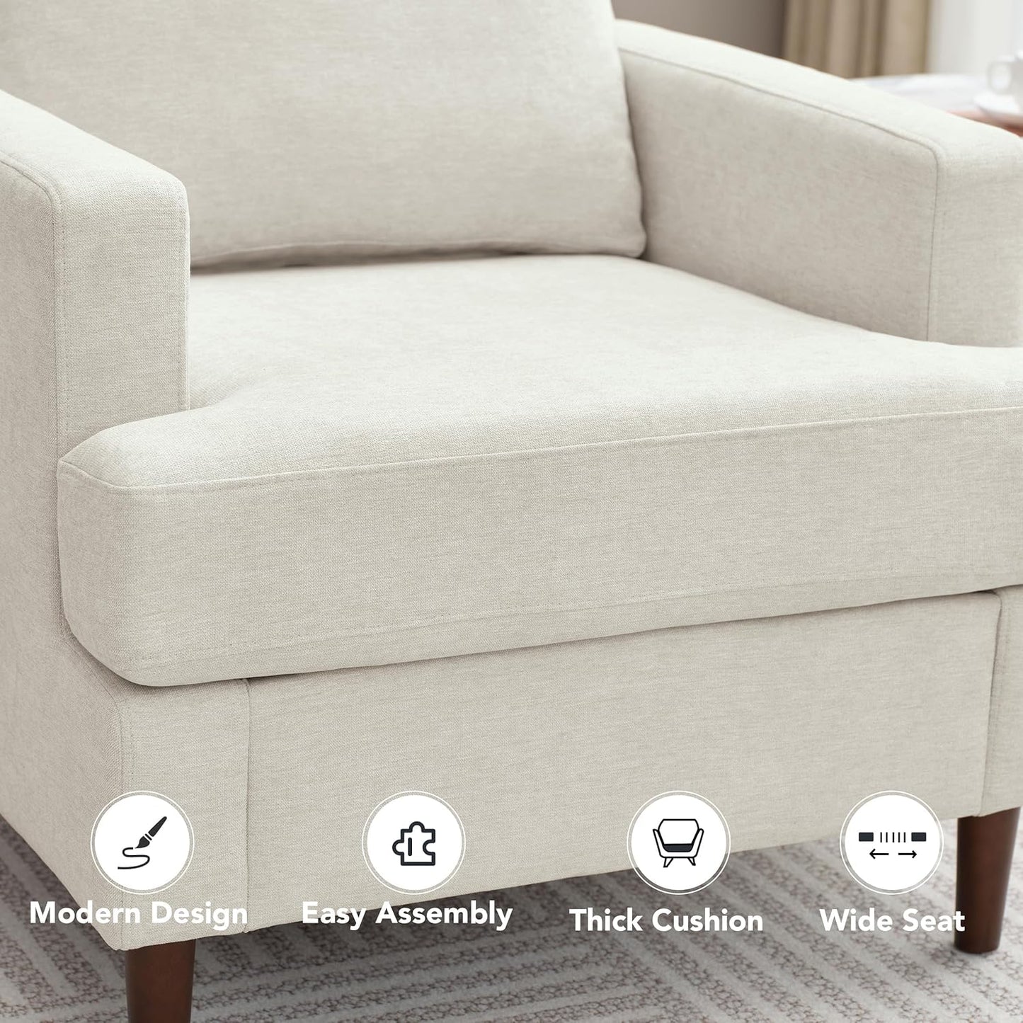 Mid-Century Accent Chair,Modern Linen Fabric Armchair for Living Room,Comfy Upholstered Reading Accent Chairs for Bedroom,Single Sofa Chair with Wood Legs (Beige, 1 Pack)