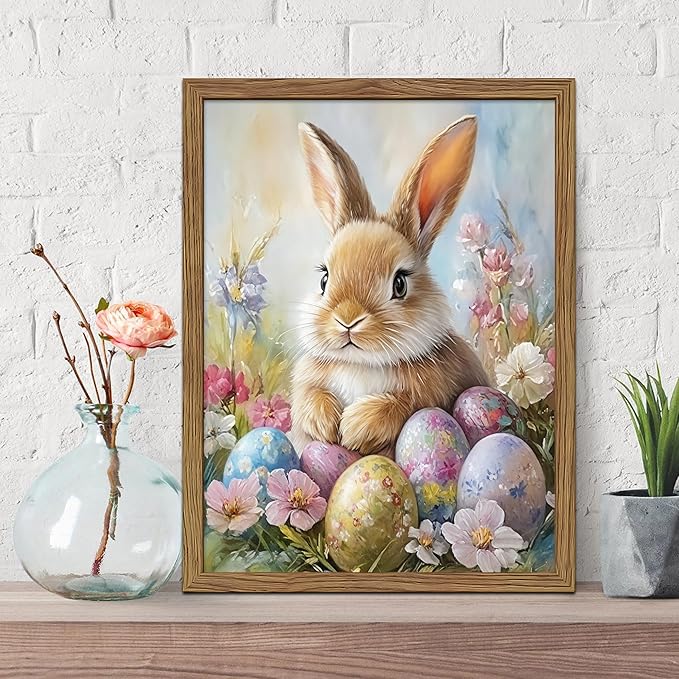 Framed Easter Bunny Wall Art, Cute Bunny with Eggs Poster Prints, Vintage Cottage Holiday Theme Canvas Artwork, Spring Atmosphere Wall Decor for Kids Room Girls Bedroom Living Room 12x16in