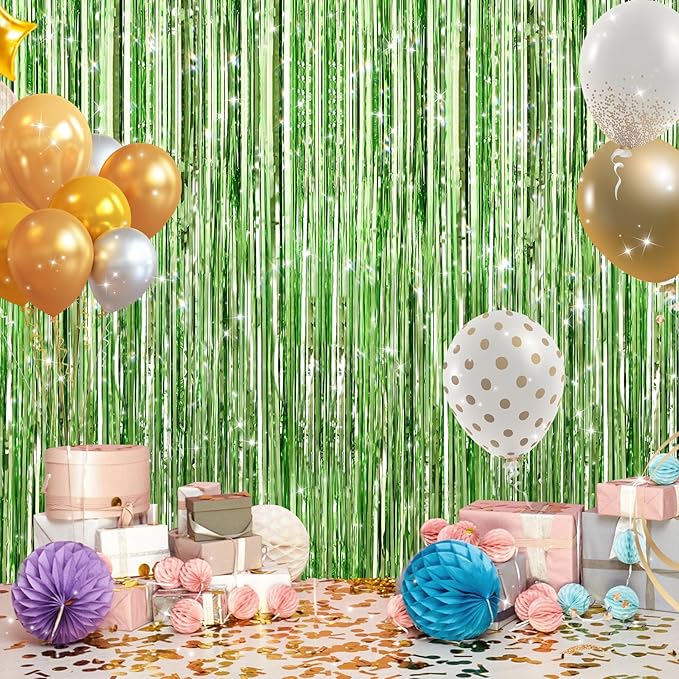 2Pack Light Green Foil Curtain Backdrop Green Metallic Tinsel Foil Fringe Curtains Photo Booth Props for Birthday Wedding Engagement Baby Shower Bachelorette Xmas Holiday Celebration Party Decors