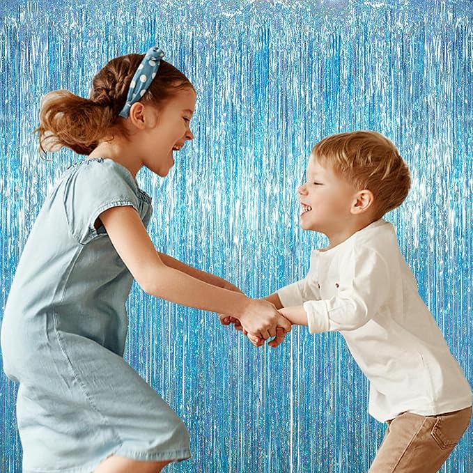 3.3 x 6.6 ft Foil Fringe Backdrop Curtains, Tinsel Streamers Party Decorations, Fringe Backdrop for Birthday, Baby Shower, Gender Reveal, Graduation (6, Light Blue)