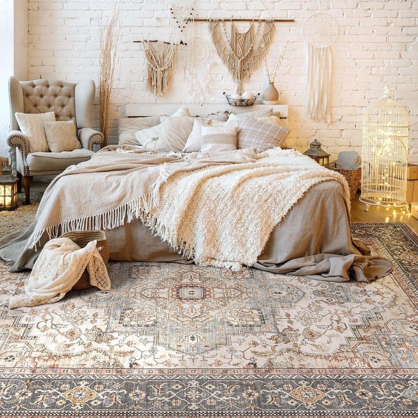 Washable Area Rugs for Living Room - 7x9 Neutral Vintage Distressed Floral Farmhouse Boho Large Soft Floor Rug Indoor Non Slip Carpet for Living Room Bedroom Dining Room Office - Forest Green Orange
