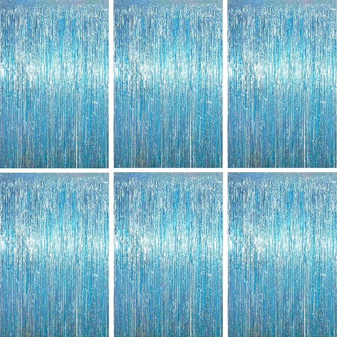 3.3 x 6.6 ft Foil Fringe Backdrop Curtains, Tinsel Streamers Party Decorations, Fringe Backdrop for Birthday, Baby Shower, Gender Reveal, Graduation (6, Light Blue)