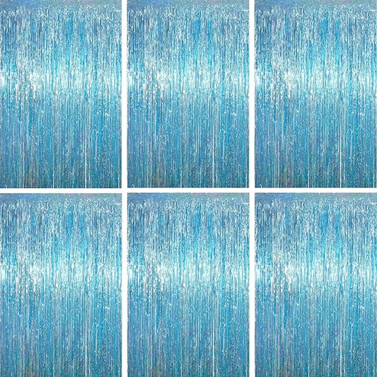 3.3 x 6.6 ft Foil Fringe Backdrop Curtains, Tinsel Streamers Party Decorations, Fringe Backdrop for Birthday, Baby Shower, Gender Reveal, Graduation (6, Light Blue)