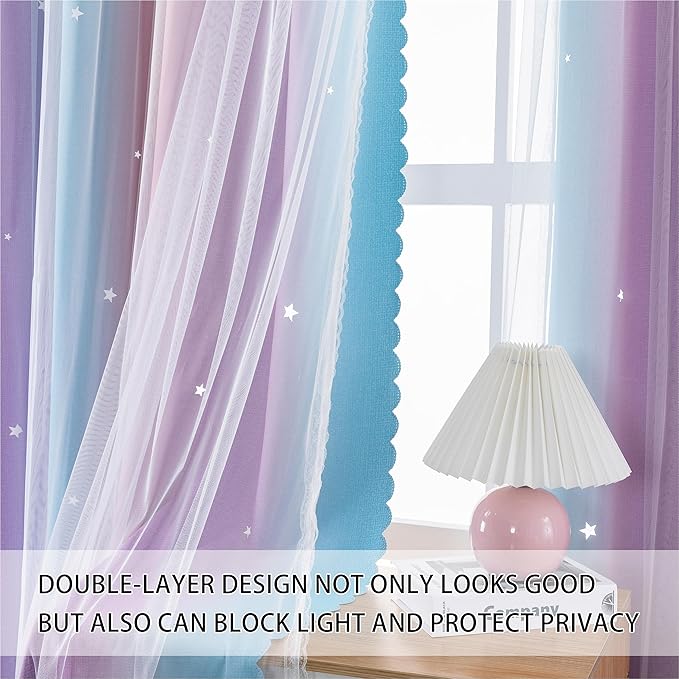 XiDi Girls Curtains for Bedroom, Purple Rainbow Blackout Curtains fo Kids Room Decor, Princess Unicorn Wall Decals Pink 63 Inches Long 34 Wide 1 Panel