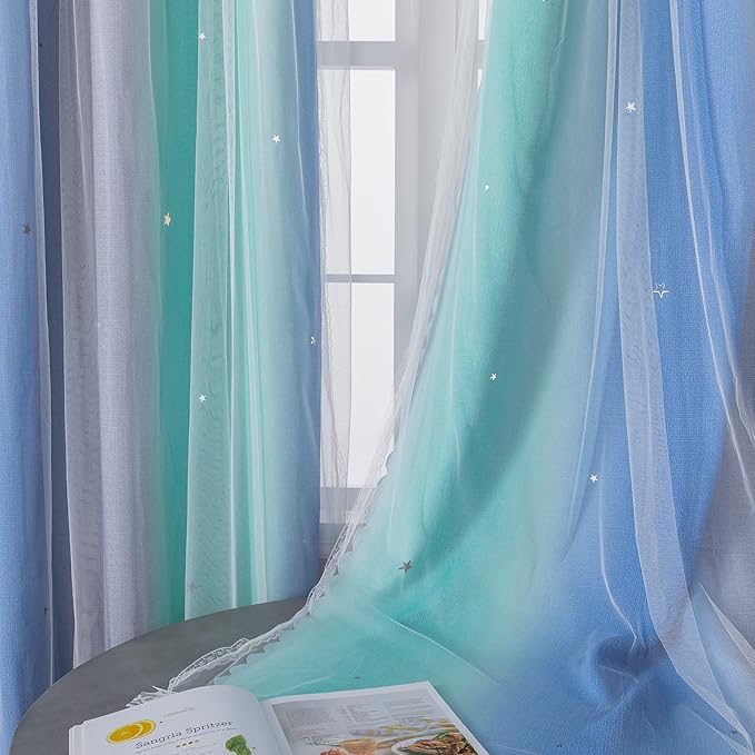 XiDi Curtains for Bedroom Decor, Rainbow BluGrenGrey-34-96