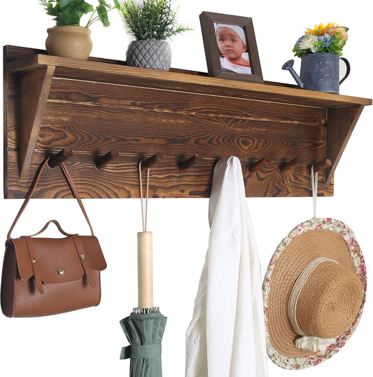 WEBI Coat Rack Wall Mount with Shelf,8 Peg Hooks,34" Long Rustic Entryway Wall Shelf with Hooks Underneath for Hanging Coats,Clothes,Bathroom,Rustic Brown