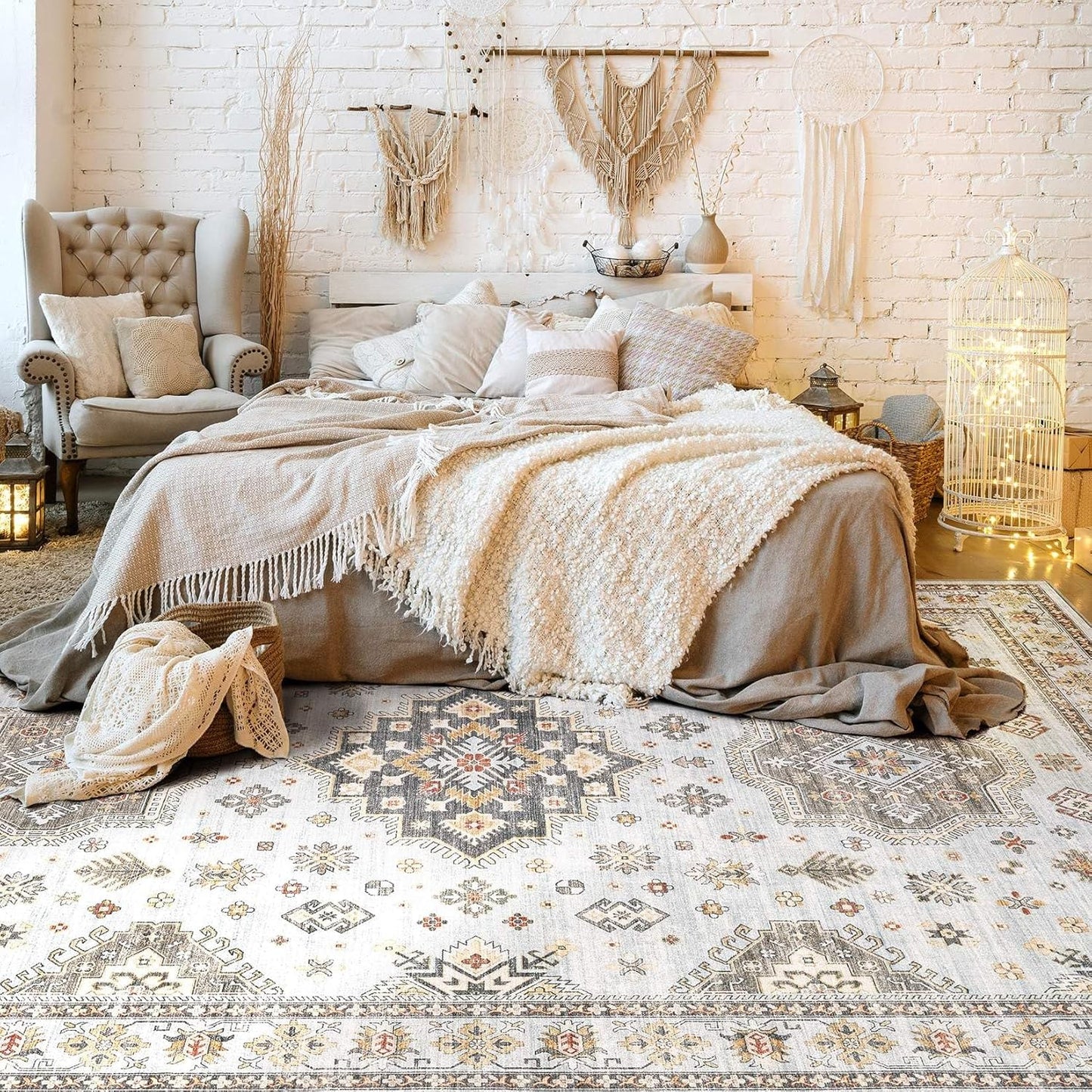 Washable Area Rugs for Living Room -8x10 Neutral Vintage Distressed Floral Farmhouse Boho Large Soft Floor Rug Indoor Non Slip Carpet for Living Room Bedroom Dining Room Office -Blue Brown