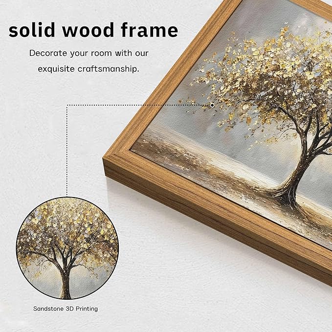 3D Textured Tree of Life Wall Art, Abstract Gold Tree Botanical Wall Decor, Modern Nature Landscape Sandstone Painting for living room Bedroom Bathroom Office 12x16 Inch Framed