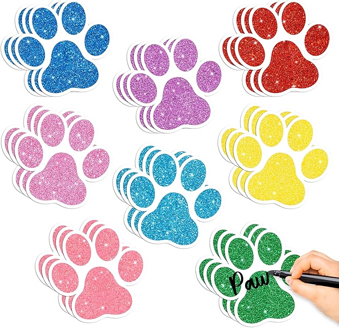 BWkoss Glitter Paw Prints Cutouts- 100Pcs Colorful Paw Print Paper Cut-Out Mini Paw Print Accents Decor Bulk Dog Footprint Cutout Bulletin Board Party Supplies for Kids DIY Craft Classroom Wall Decors