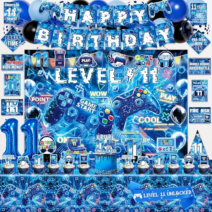 Mpanwen Gamer 11th Birthday Decorations for Boys, Blue Video Game Level 11 Bday Party Decor Supplies for 11 Years Old Boy with Backdrop, Tablecloth, Centerpiece, Hanging Swirls, Hat, Wall Signs
