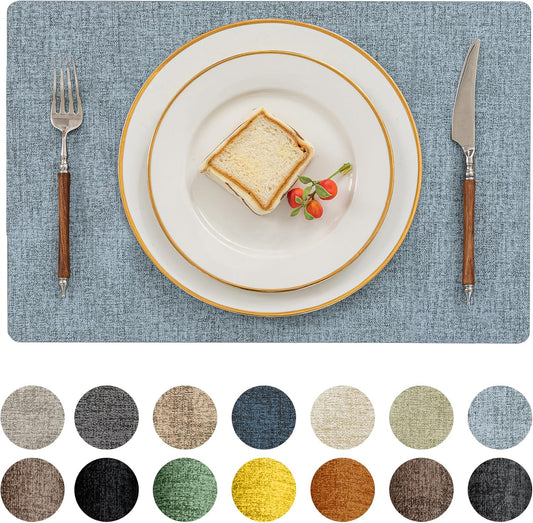 Romanstile Vinyl Placemats Set of 8-12 X 18 Inch - Heat Resistant Place Mats 100% Waterproof Oilproof Wipeable Reversible Faux Leather Table Mats for Kitchen/Dining/Party/Outdoor, Sky Blue