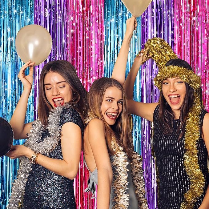 2Pack Blue Purple Pink Party Streamers, Blue Metallic Tinsel Streamers for Birthday Wedding Party Decors Graduation Baby Shower, Photo Booth Props for Bachelorette Decors Xmas Halloween Party Backdrop
