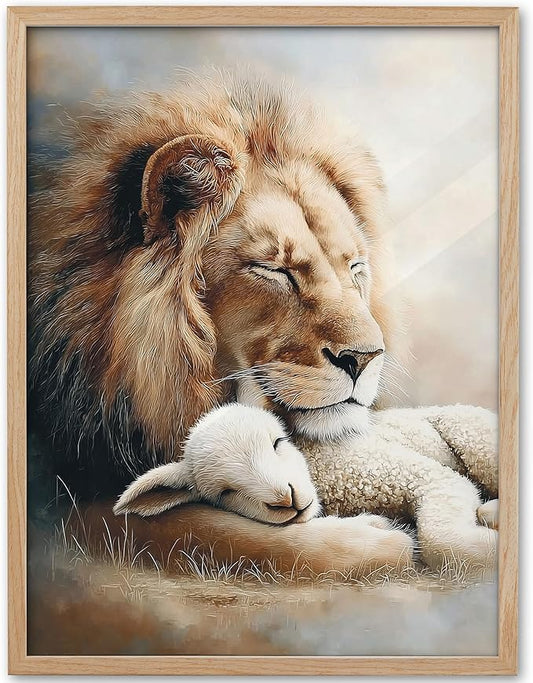 KensTro Christian Nursery Decor Framed Wall Art, 12x16 in Lion and Lamb Canvas Wall Art Prints,Christ, Jesus, God, lion of Judah, Lamb of God,Peaceful Print for Christian Boy and Girl Bedroom Set of 1