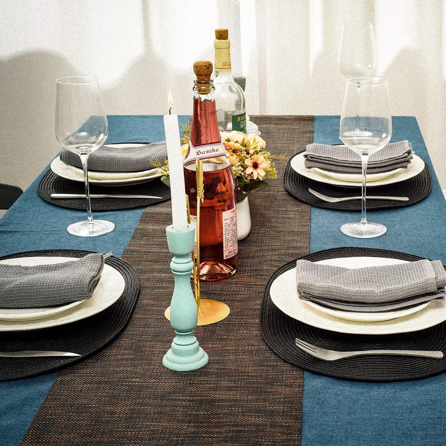 AHHFSMEI Placemats Set of 6 for Dining Table Washable Woven Vinyl Non-Slip 18x12 inches Placemat Heat-Resistant Durable Table Mats for Dining Table Easy to Clean (Oval Black, 6)