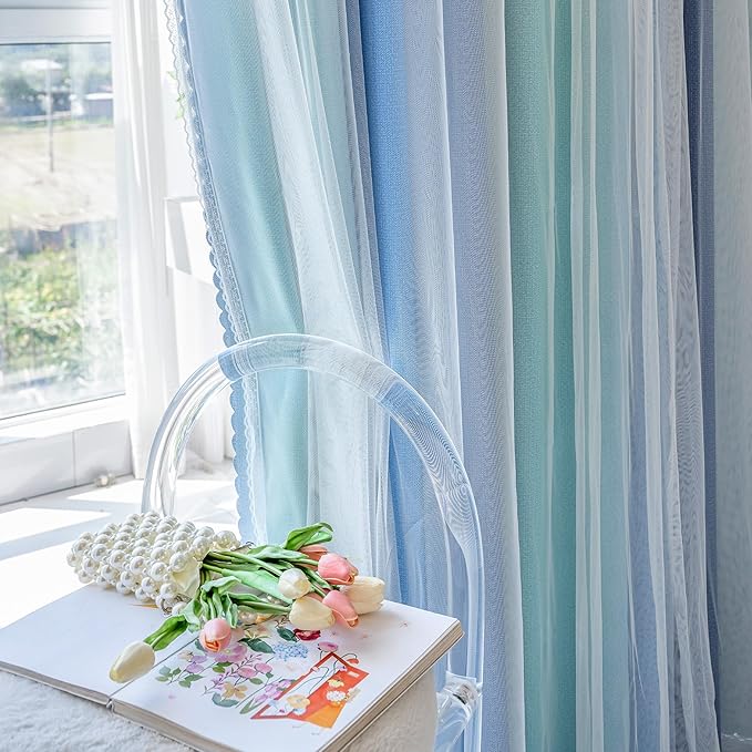 XiDi 100% Blackout Curtains for Girls Bedroom Living Room 96 Inch Length 2 Panels Kids Rainbow Blue Green Grey Mix & Match Double Layer Curtains with Sheer Overlay Grommet Window Drapes 34W x 96L