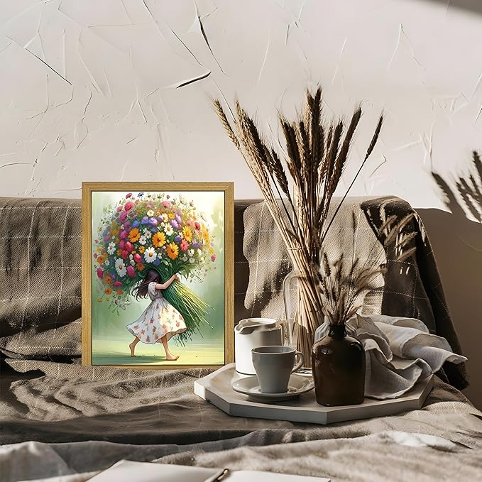 Wood Framed Pink Wildflower Canvas Wall Art, Girl Hugging Flowers Poster Prints Paintings, Teen Girls Preppy Bedroom Decor, Green Room laesthetic Picture for Kids Room Hallway Living Room 8x10 Inch