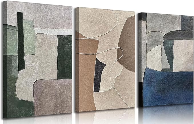 3pcs Abstract Texture Canvas Wall Art Modern Boho Neutral Geometry Wall Decor Pictures Beige Green Blue Minimalism Posters Prints for Living Room Bedroom Office Home Decoration Prepare To Hang