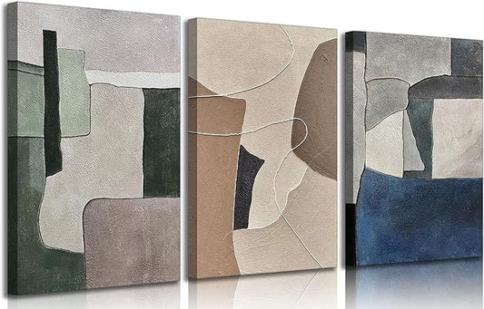 3pcs Abstract Texture Canvas Wall Art Modern Boho Neutral Geometry Wall Decor Pictures Beige Green Blue Minimalism Posters Prints for Living Room Bedroom Office Home Decoration Prepare To Hang