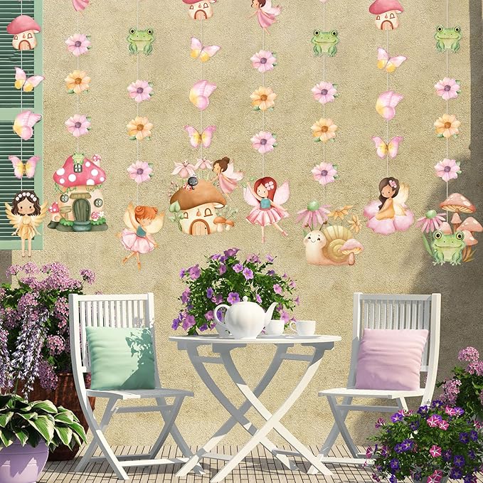8 Pcs Fairy Party Decorations Fairy First Birthday Hanging Garlands Banner Butterfly Mushroom Flower Paper Cutouts Streamer for Wall Ceiling Decor Wonderland Garden Tale Floral Party Supplies