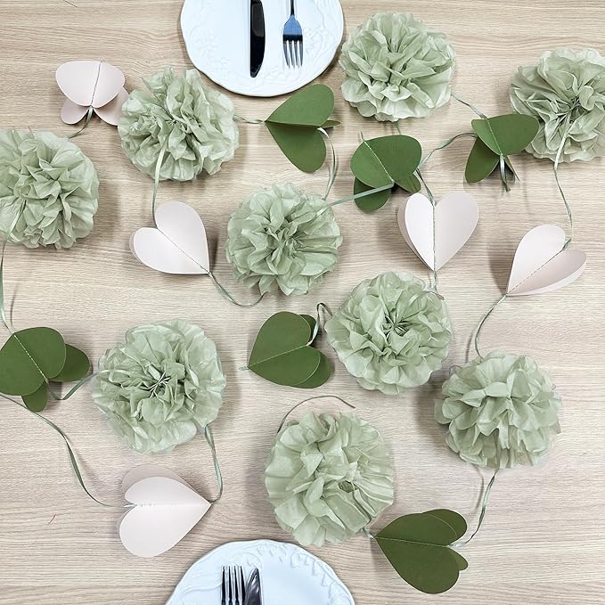 Sage Green Party Decoration Tissue Flowers Pom Pom with 3D Heart Hanging Paper Garland Banner Streamer for Birthday Baby Shower Wedding Valentines Day Woodland Neutral Themed Party Home Decor Supplies