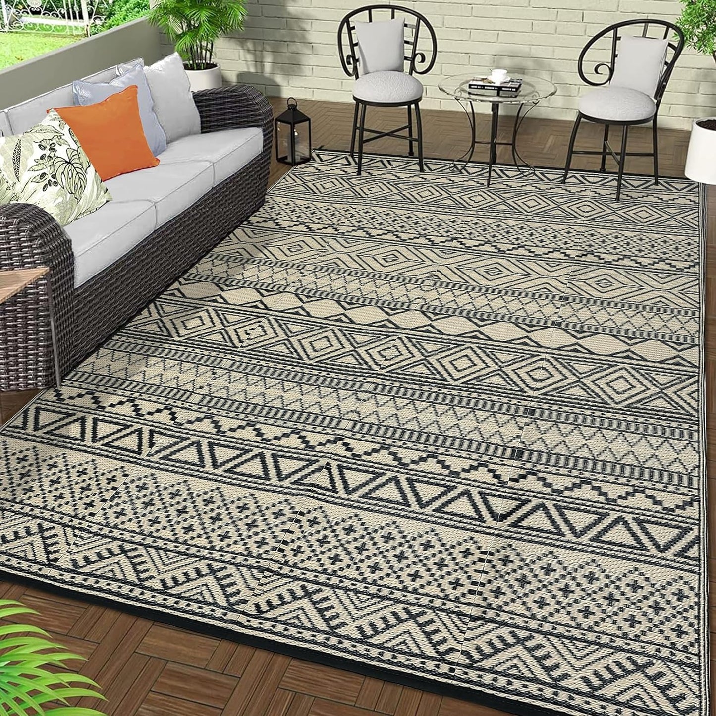 GAOMON Outdoor Rug for Patio 5'x8' Reversible Plastic Rugs Camping Mat for Outdoor, RV, Backyard, Deck, Balcony, Picnic, Beach, Black/Coffee(Bohemia)
