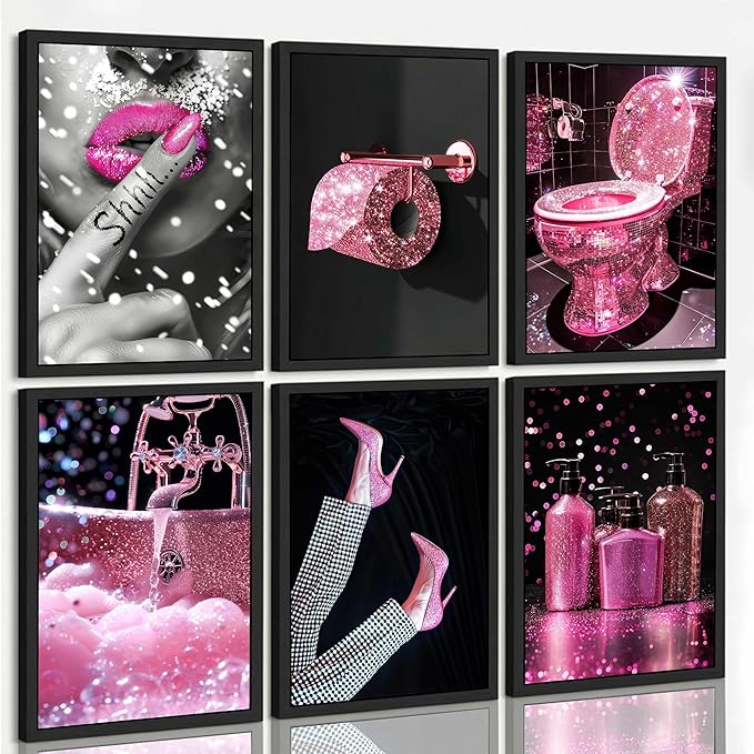 6Pcs Fashion Bathroom Canvas Wall Art Black and Pink Glam Glitter Tissue Funny Modern Women Painting Pictures Wall Decor Poster Print Artwork for Toilet Home Decoration Unframed