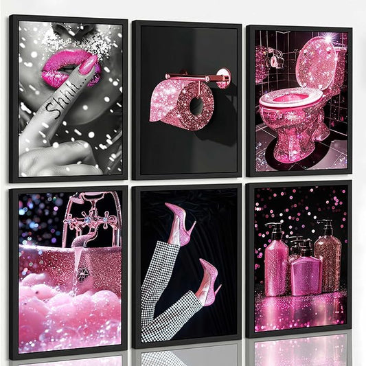 6Pcs Fashion Bathroom Canvas Wall Art Black and Pink Glam Glitter Tissue Funny Modern Women Painting Pictures Wall Decor Poster Print Artwork for Toilet Home Decoration Unframed