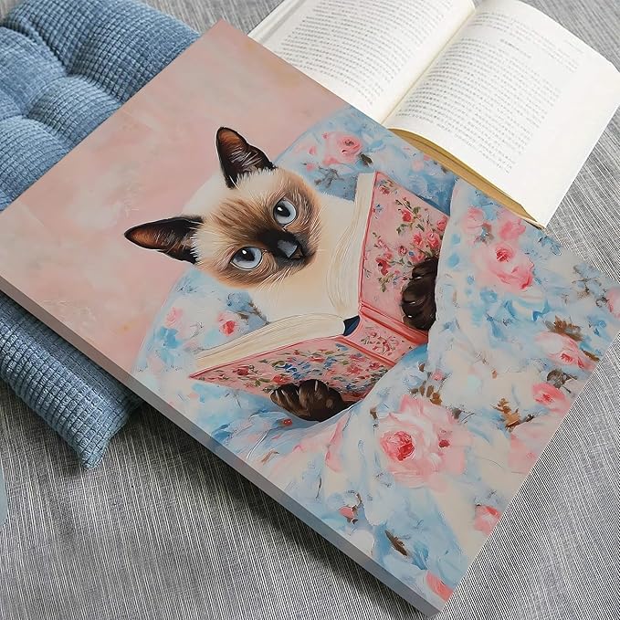Framed Cat Reading Book Canvas Wall Art, Cute Pink Siamese Cat Wall Decor Print Painting, Funny Animal Lovers Picture for Bedroom Living Room Kids Room Girls Room Home Decor 16x24 Inch