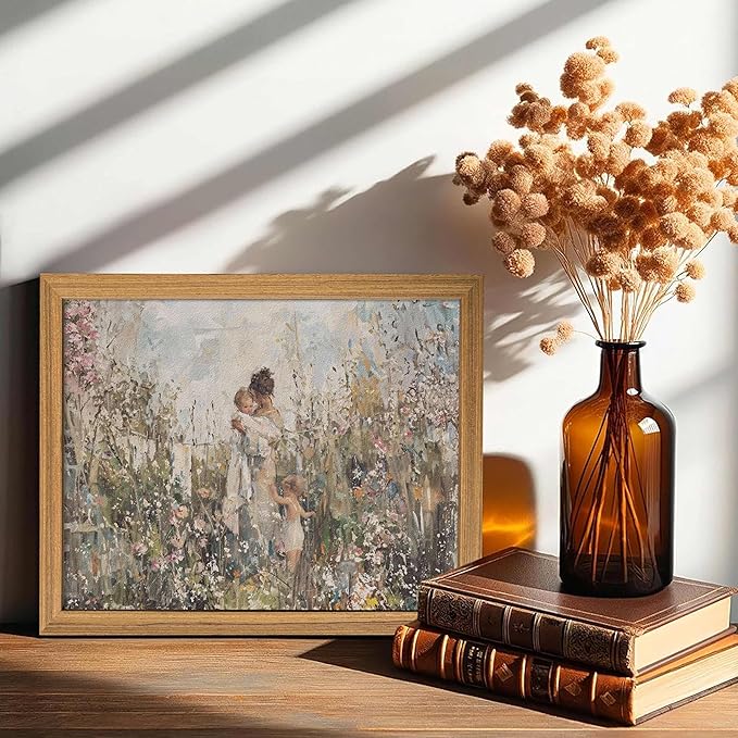 3D Textured Vintage Cottagecore Wall Art, Mom Holding Baby In Wildflowers Wall Decor Painting, Impressionist Sandstone Artwork Picture for Mother’s Day Gift Nursery Bedroom 12x16 Inch Framed