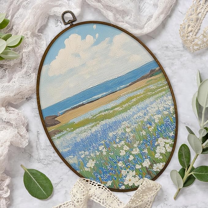 Gnmduw Wildflower Meadow Natural Field Landscape Oval Wall Art Framed, Vintage Floral Landscape Canvas Prints Hanging Decor,Rustic Nature Wall Decor for Living Room Bedroom Art Gallery, 8.7x11.3 Inch