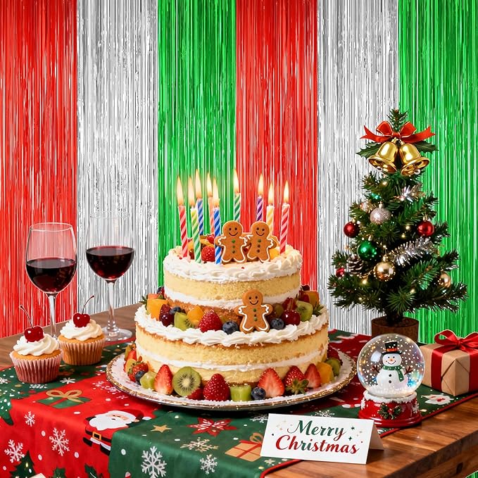 2 Pack Christmas Backdrop, Red Silver Green Party Streamer, Metallic Xmas Backdrop Fringe Curtains Foil Tinsel, Christmas Decorations Wall Decor Streamers Photo Booth Props