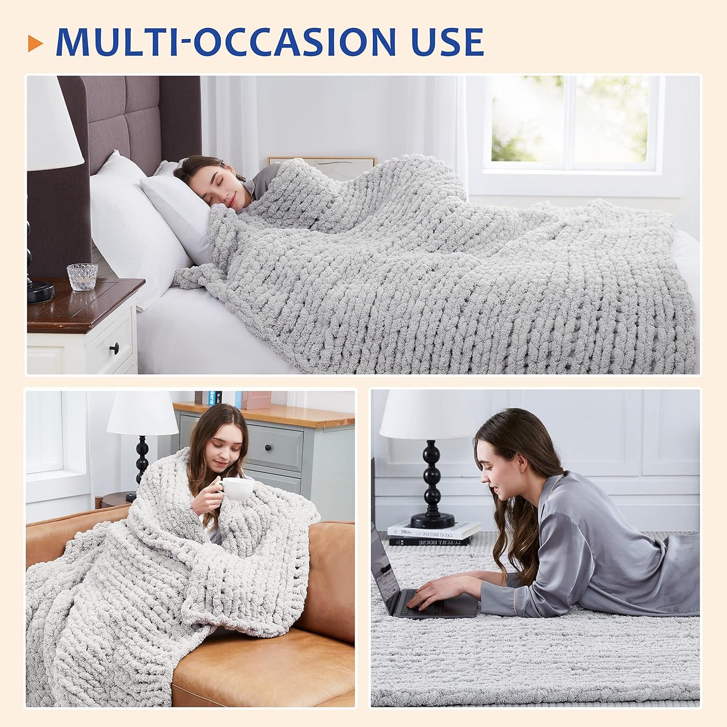 L'AGRATY Chunky Knit Blanket Throw - Soft Chenille Yarn Throw Blanket 40x50： Handmade Thick Cable Knit Crochet Blanke - Large Knit Blanket Chunky Rope Knot Throw Blanket for Couch Sofa Bed Home Decor