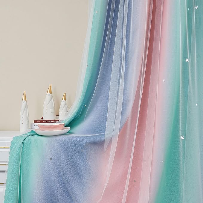 XiDi Curtains for Bedroom Decor, Rainbow Pinkgreen grey52/90