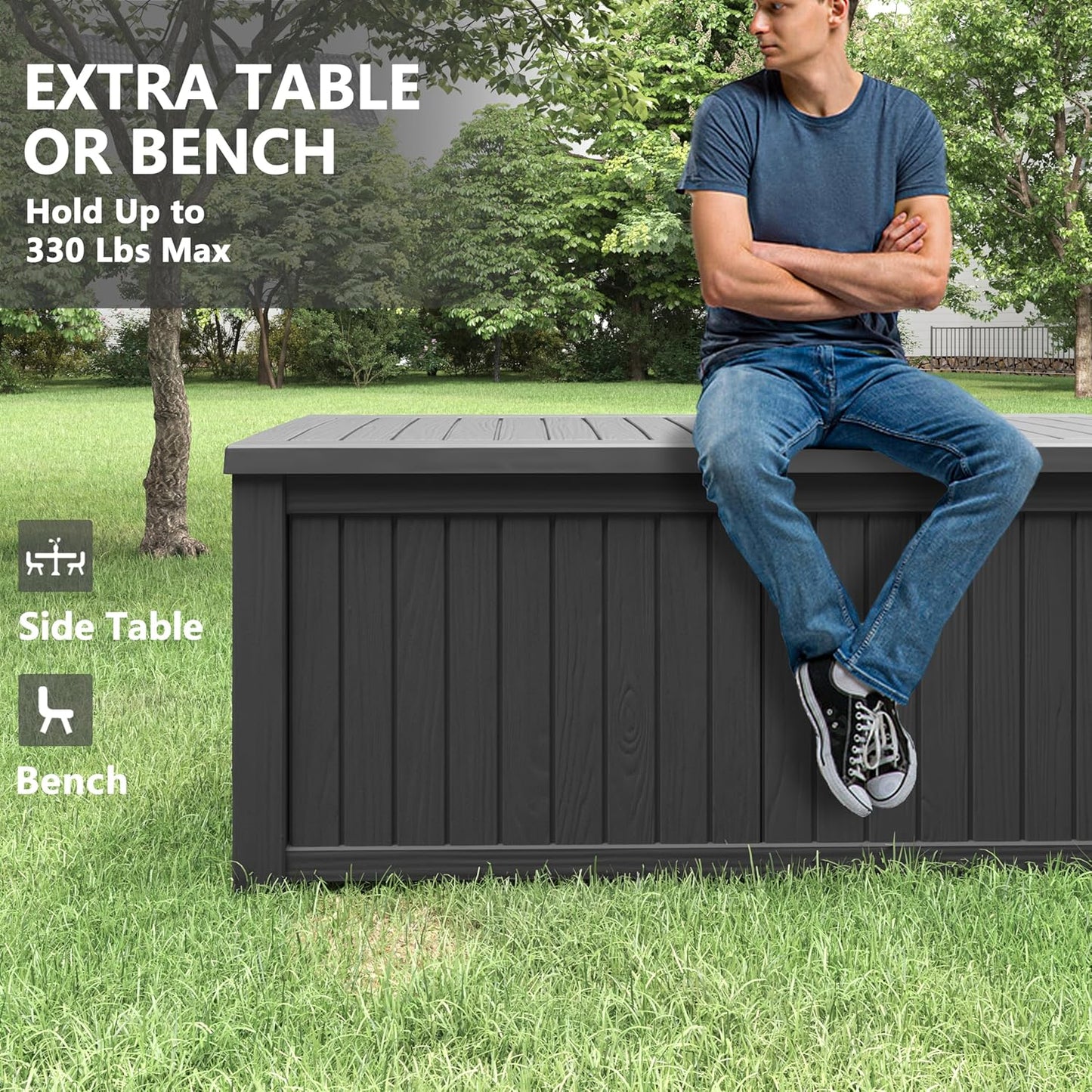 150 Gallon Resin Deck Box, Large Indoor and Outdoor Storage Box, Weatherproof and UV Resistant Outdoor Storage Box with Built-in Steel Beams for Patio, Cushions, Pool Supplies