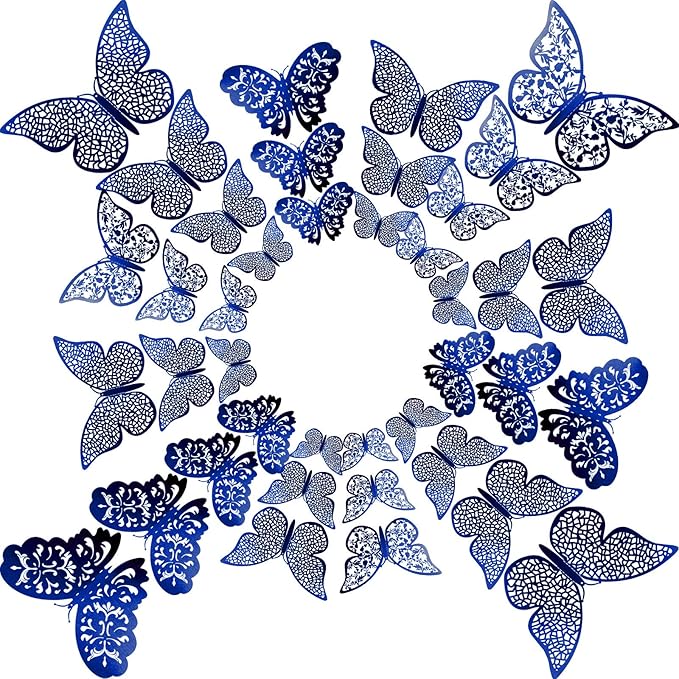 Bememo 72 Pieces 3D Butterfly Wall Decals Sticker Decal Wall Decor Art Decorative Sticker 3 Sizes for Room Offices Bedroom Bathroom Living Room Decor(Sapphire Blue)