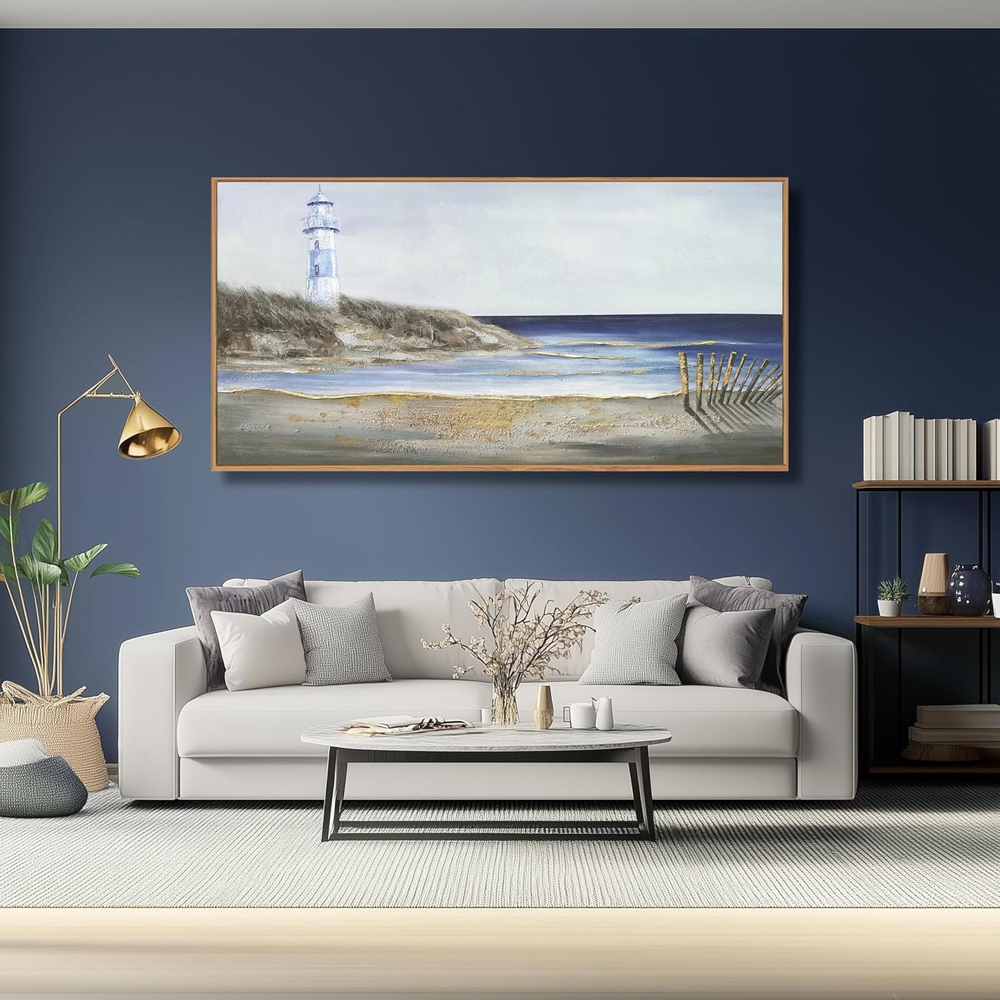 Yuaxker Ocean Wall Art Blue and Grey Wall Decor Framed Canvas Painting Coastal Aesthetic Artwork for Living Room Bedroom Dining Room Office Home Decor 24x48 Inch