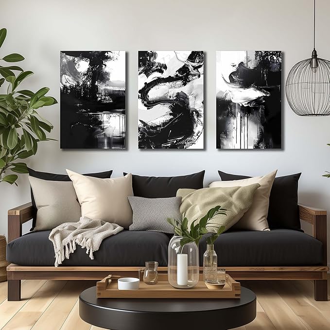 DNIEOTU Abstract Canvas Wall Art for Living Room, Black and White Picture Prints Wall-Decor for Bedroom, Size 16 x 24 Inches 3-Piece