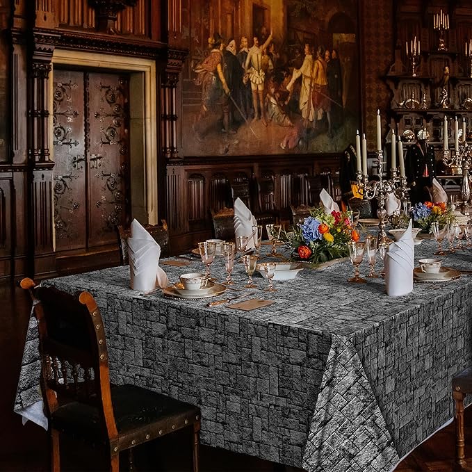 Kochorie 100 Ft x 54 Inch Stone Wall Tablecloth Roll with Cutter Box Disposable Plastic Stone Table Cover Medieval Stone Brick Table Cloth Dirt Floor Wall Backdrops for Farm Wedding Birthday Party
