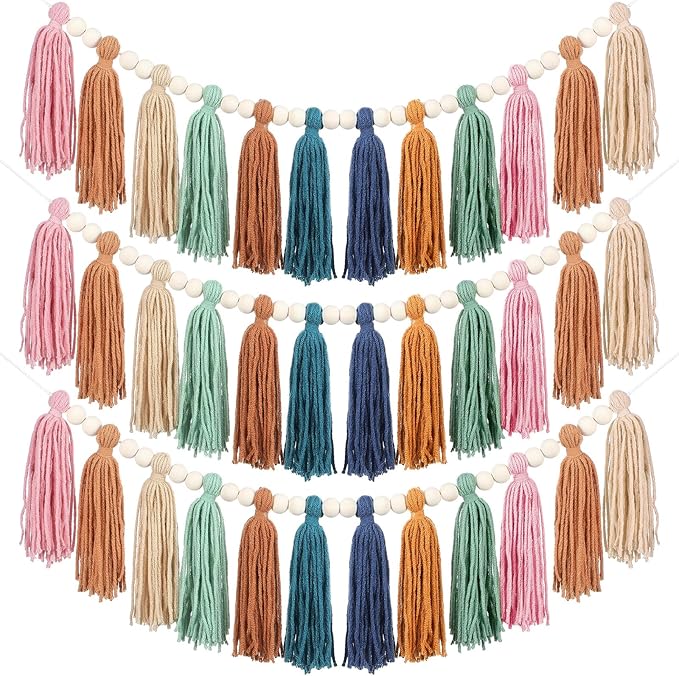 Zeyune 3 Pcs Boho Tassel Garland Boho Rainbow Wall Decor Colorful Pastel Tassel Wall Hanging with Wood Beads for Classroom Kids Bedroom Baby Shower Back to School Birthday Party Supplies