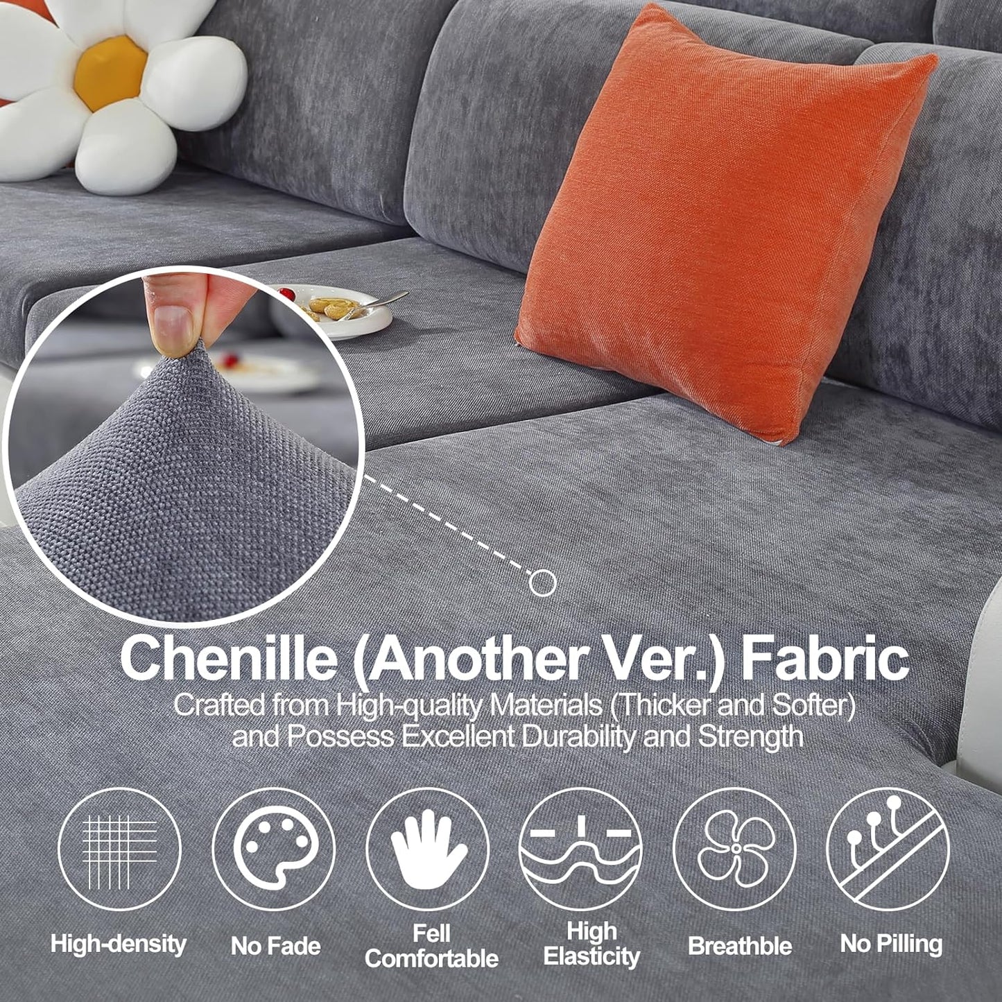 Large Backrest Cushion Covers Super Stretch Backrest Covers for 3 Cushion Couch Sofa, Couch Back Cushion Covers Featuring with Chenille Yarn (Softer Version, 3PC, Dark Grey)
